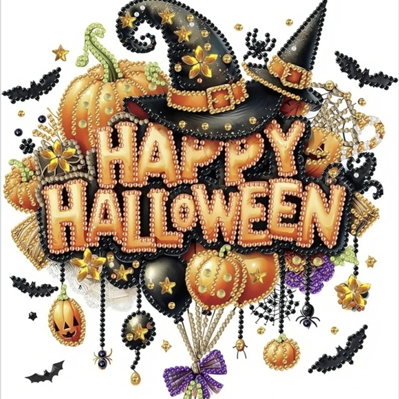 None Other - Happy Halloween Witch Hat Balloons 5D Gemstone Crystal Diamond Painting Kit
